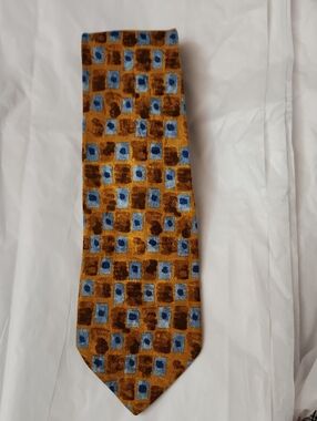Biella of Italy 100% Silk Gold Brown and Blue Geometric Silk Tie